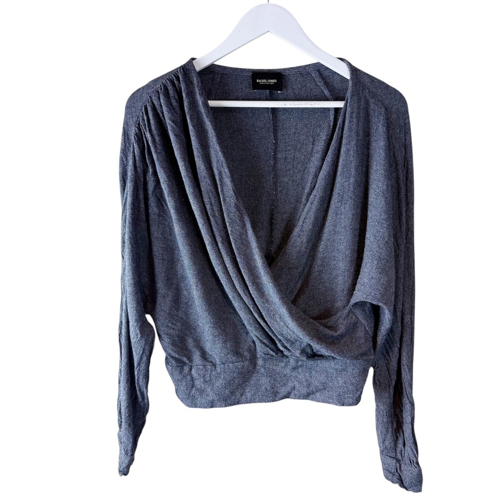 RACHEL COMEY Frances‎ Top Womens 6 Blue Gray Textured Wrap Long Sleeve Blouse
